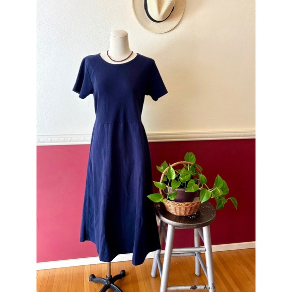 Xcit USA Dresses & Skirts - Vintage Xcit Tie Back Midi Dress Navy Blue Ribbed Bodice M Neutral Cottage Y2K